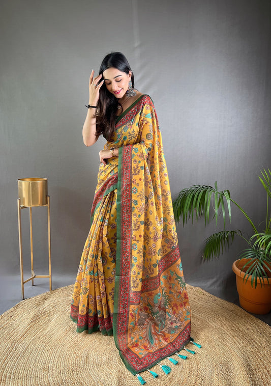 Blissful Malai Cotton Yellow Color Saree