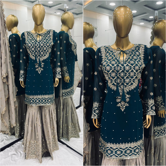 Precious Embroidery Sequence Work Teal Blue Color Sharara Suit
