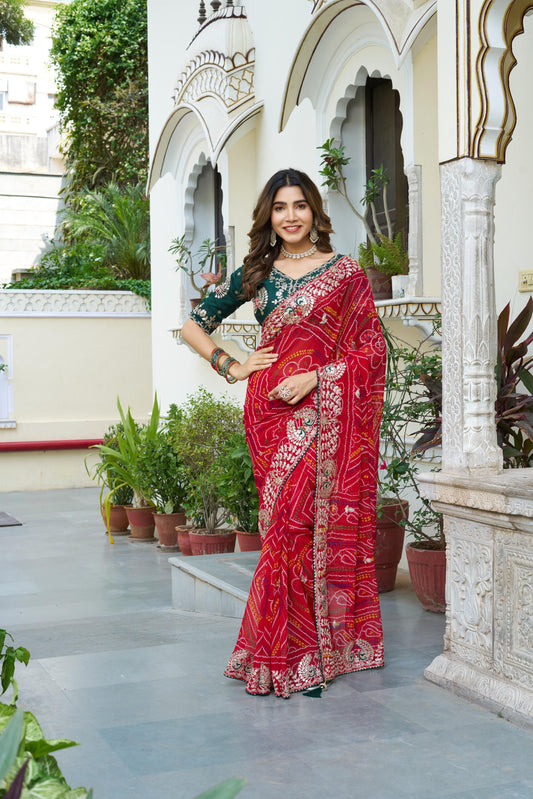 Bhadhni Print With Gota Patti Work Red Color Saree