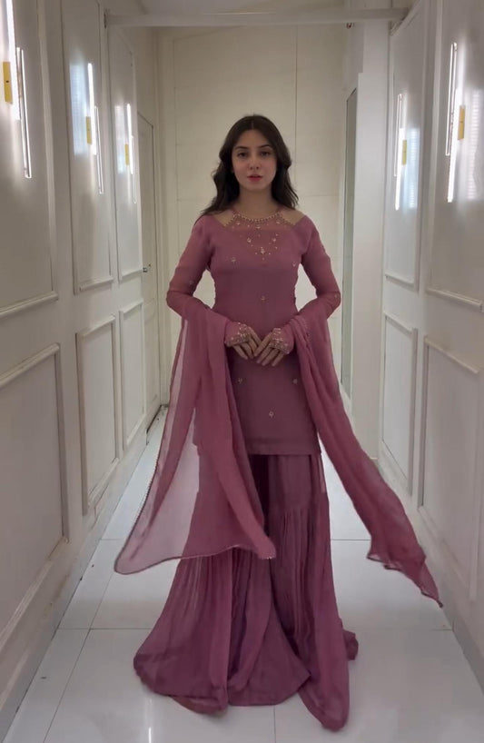 Round Neck Onion Color Stylish Palazzo Suit