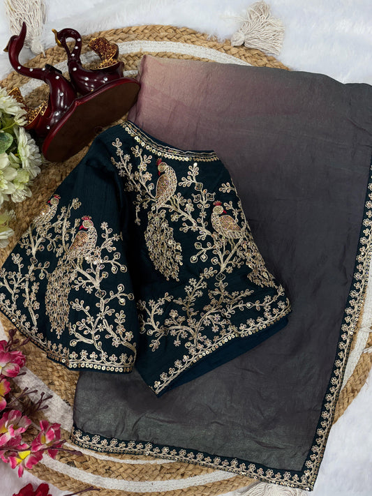 Designer Shaded Black Color Space Silk Sequence Work Saree