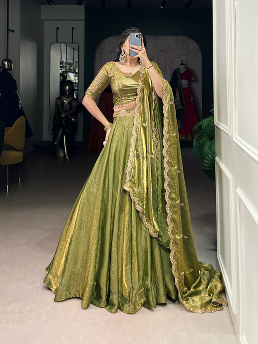Mehndi Color Sequence Work Attractive Lehenga Choli