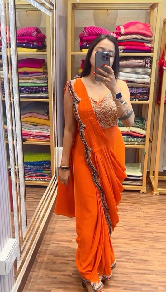 Designer Embroidery Work Orange Color Ready To Wear Saree With Koti