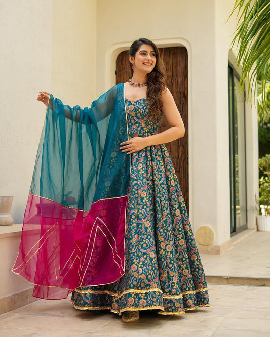 Lovely Teal Blue Organza Digital Printed Gown