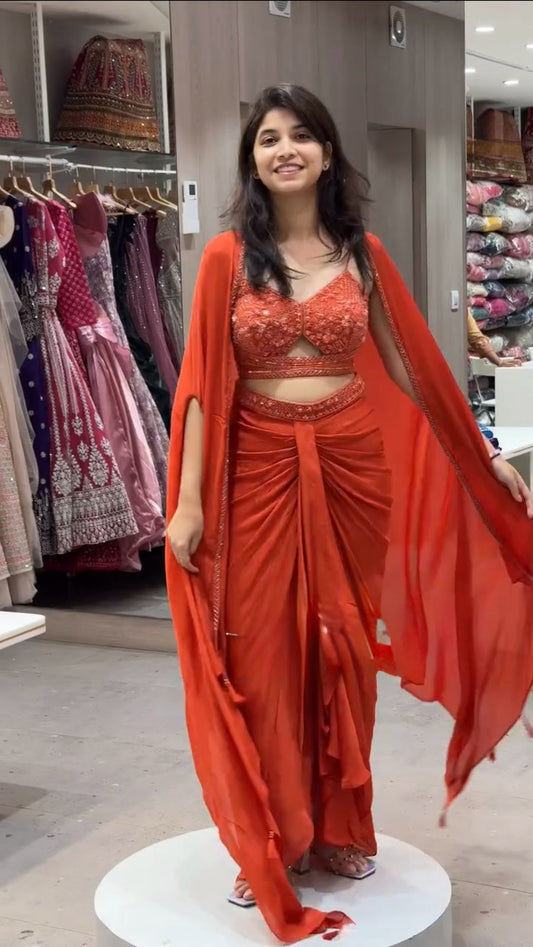 Good Looking Orange Color Dhoti Suit With Shrug