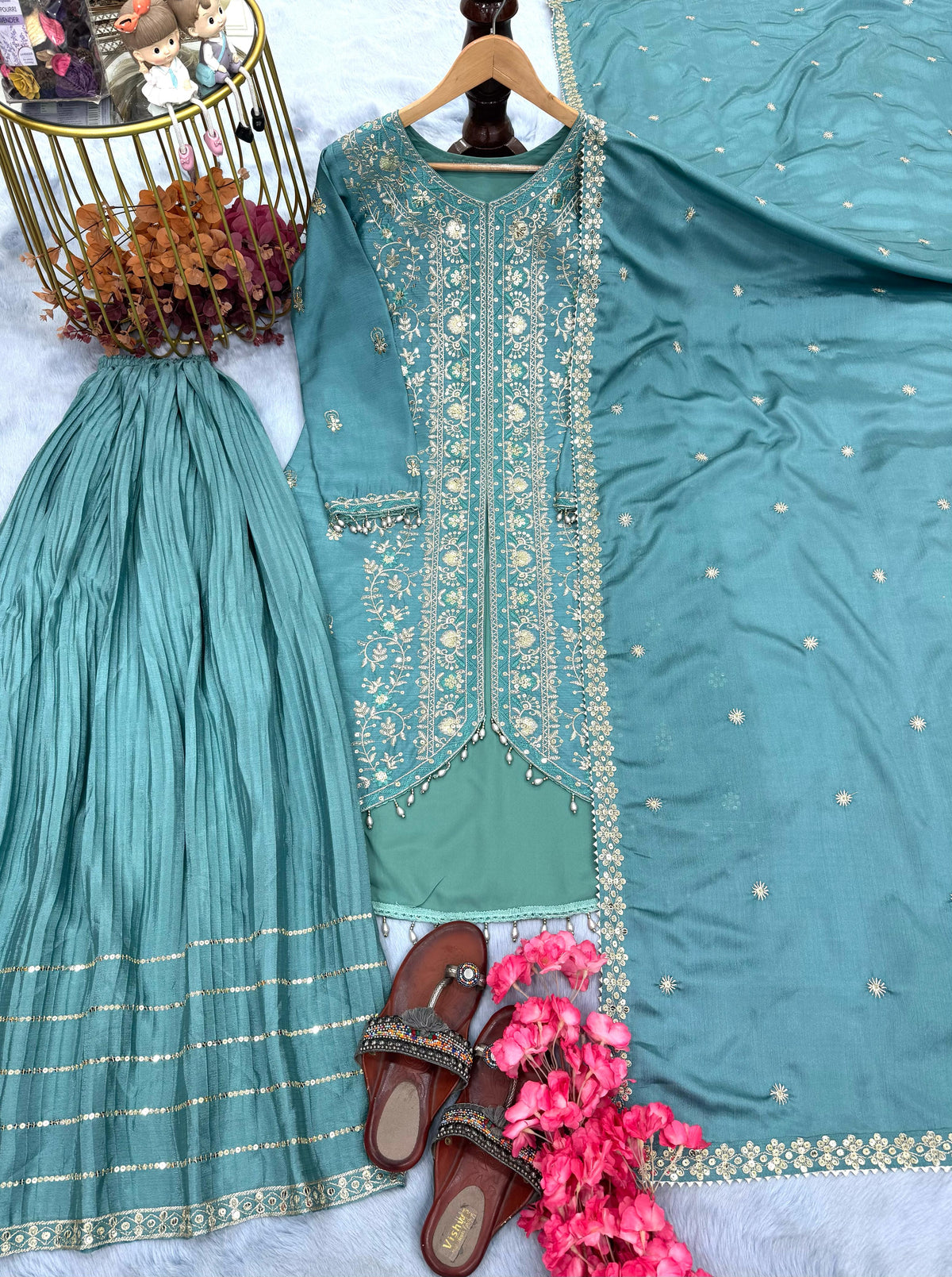 Superhit Chinon Silk Sky Blue Color Sharara Suit