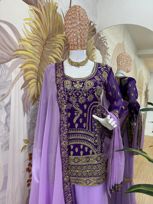 Awesome Heavy Work Lavender Color Sharara Suit