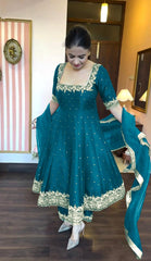 Elegant  Vichitra Silk Rama Color Anarkali Suit Elegant  Vichitra Silk Rama Color Anarkali Suit