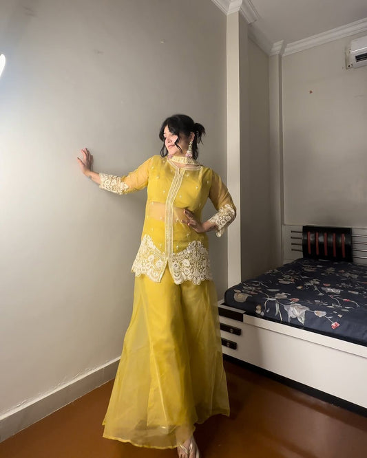 Outstanding Sequence Embroidery Work Yellow Color Palazzo Suit