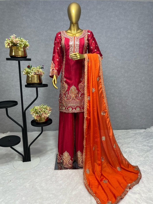 Captivating Embroidery Work Red Color Palazzo With Dupatta Set