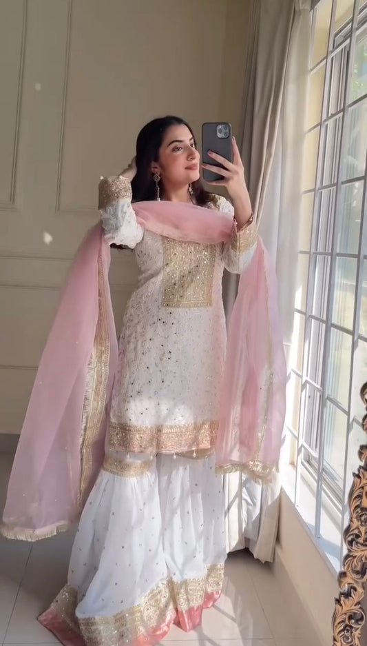 Fantastic Embroidery Work White Color Sharara Suit