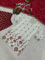 Heavy Work White Top With Red Sharara Suit with Dupatta Heavy Work White Top With Red Sharara Suit with Dupatta