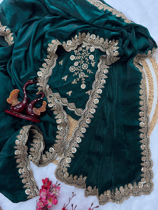 Beautiful Silk Embroidery Work Green Color Saree