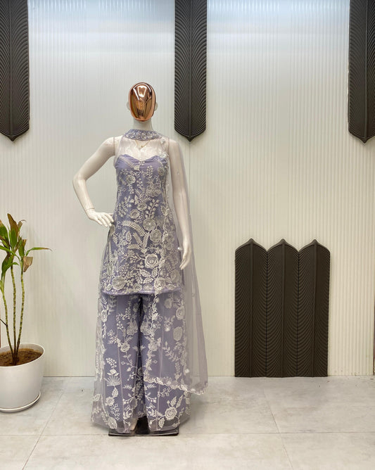 Shining Embroidery Work Lavender Color Palazzo Suit