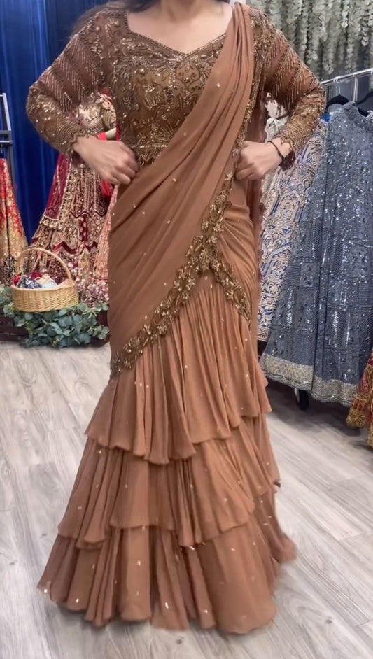 Party Wear Chiku Color Heavy Lehenga Saree