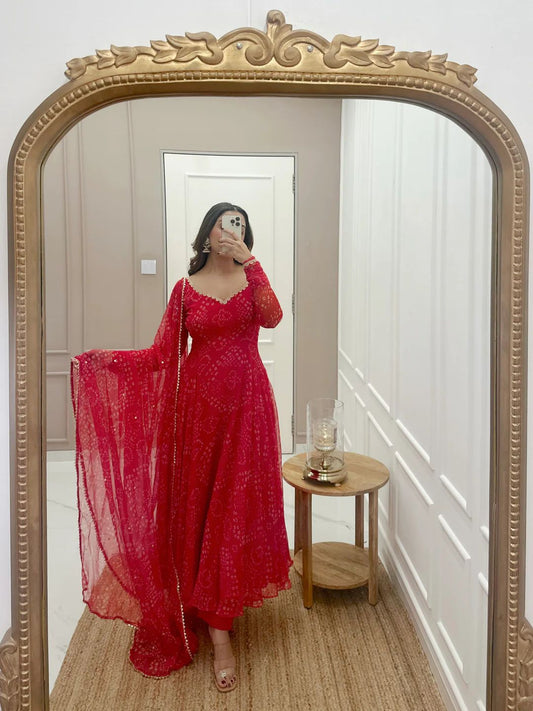 Pretty Georgette Printed Red Color Anarkali Gown