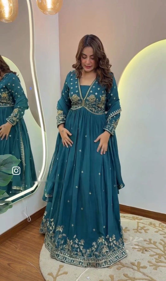 Lovely Teal Green Dola Silk Embroidery Work Gown