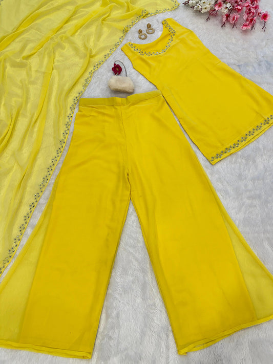 Preferable Real Mirror Work Yellow Color Palazzo Suit