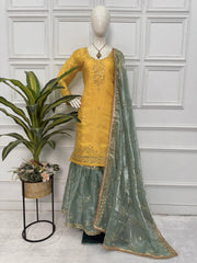 Function Wear Embroidery Work Yellow Color Sharara Suit Function Wear Embroidery Work Yellow Color Sharara Suit