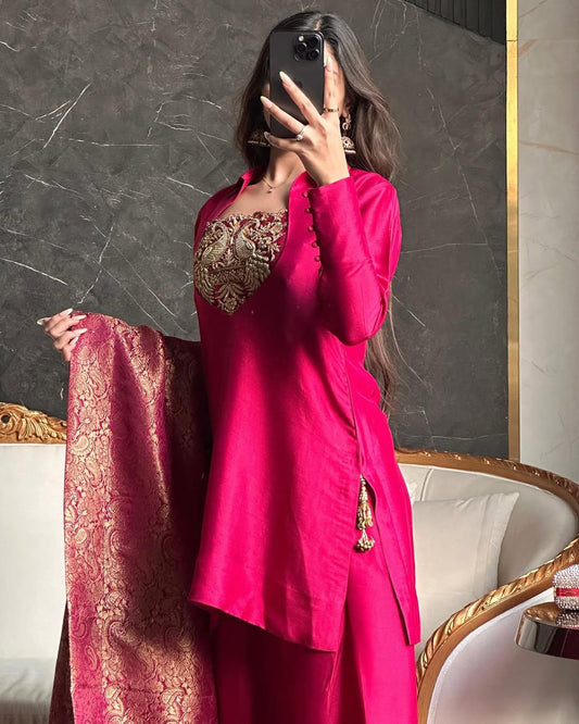 Exclusive Pink Satin Silk Embroidery Work Farshi Salwar Suit