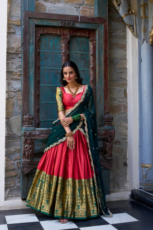 Wonderful Zari Weaving Work Red & Green Color Lehenga Choli