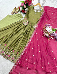 Rangoli Silk Mehndi Color Decent Gown With Pink Dupatta Rangoli Silk Mehndi Color Decent Gown With Pink Dupatta
