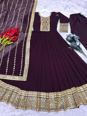 Designer Sequence Work Long Wine Gown WIth Dupatta Designer Sequence Work Long Wine Gown WIth Dupatta