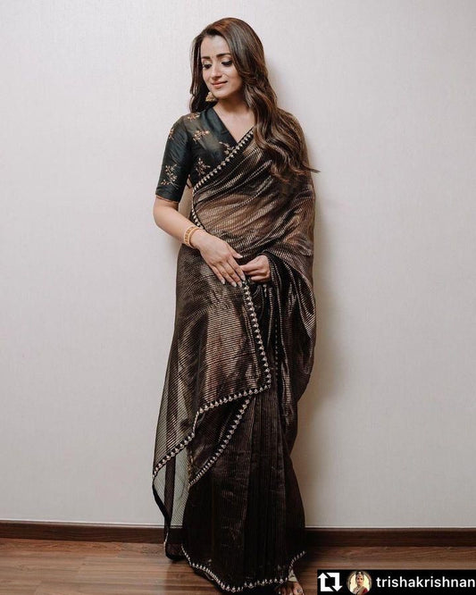Party Wear Black Color Gold Zari Saree