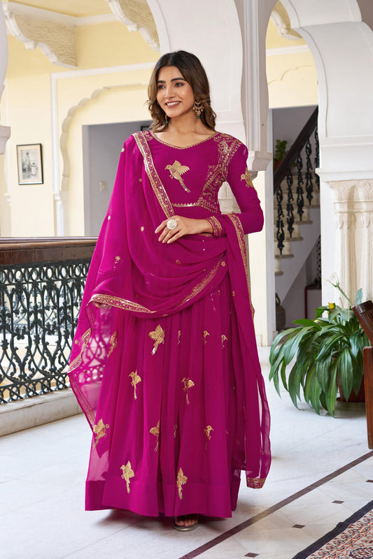 Marvelous Pink Georgette Thread Work Gown