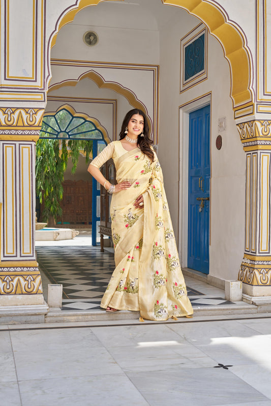 Cream Color Lovely Embroidered Work Saree