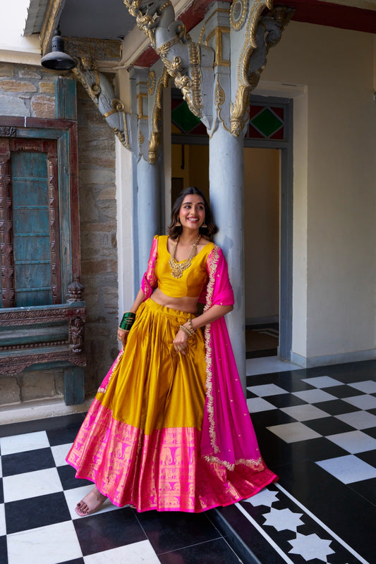 Wonderful Zari Weaving Work Yellow & Pink Color Lehenga Choli