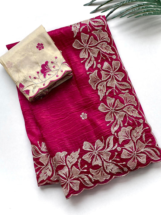 Festive Wear Pink Color Flower Embroidery Silk Saree