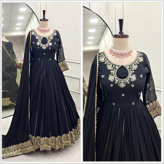 Stylish Black Georgette Sequence Work Gown