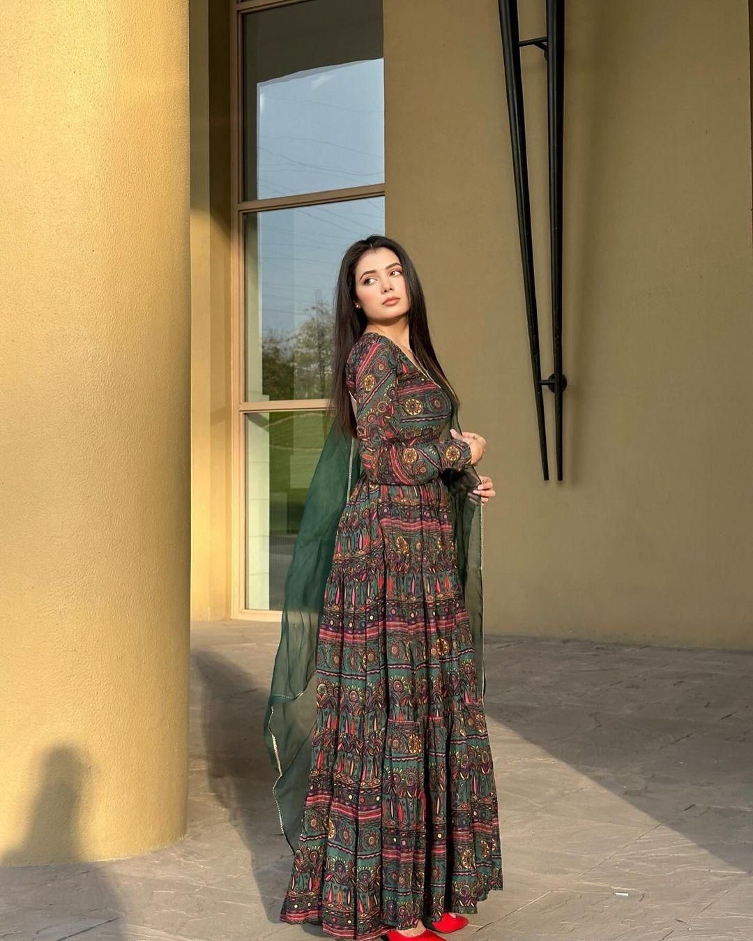 Admiring Organza Printed Green Multi Color Gown