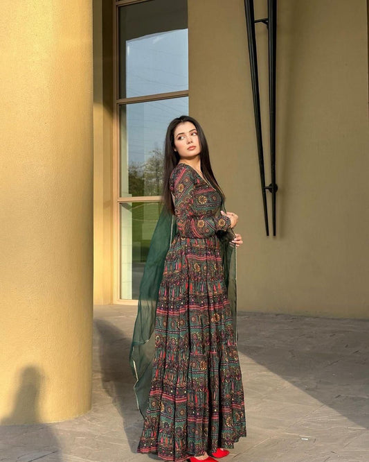 Admiring Organza Printed Green Multi Color Gown