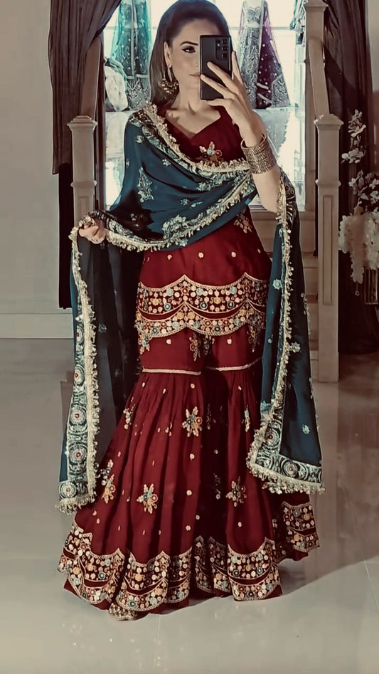 Designer Heavy Maroon Color Sharara Suit With Dupatta