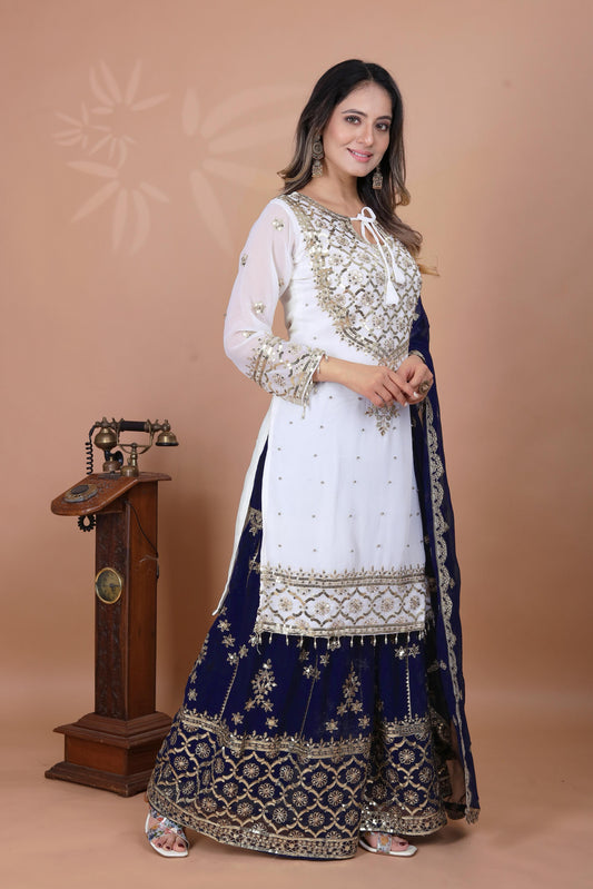 Exclusive Heavy Work White Color Suit Navy Blue Sharara