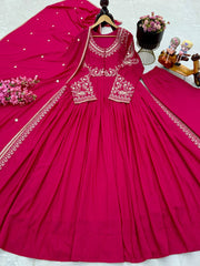 Roman Silk Pink Color Gown With Dupatta Roman Silk Pink Color Gown With Dupatta