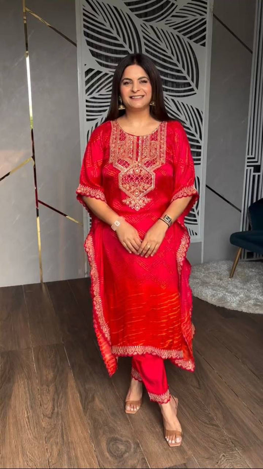 Attractive Chinon Embroidered Work Pink & Orange Color Kaftan Suit