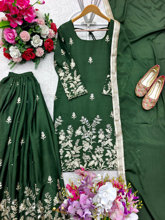 Glorious Embroidery Work Green Color Sharara Suit