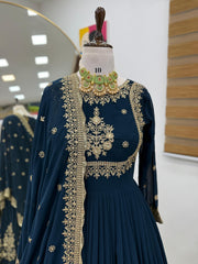 Glimmering Embroidery Work Long Teal Green Color Gown Glimmering Embroidery Work Long Teal Green Color Gown