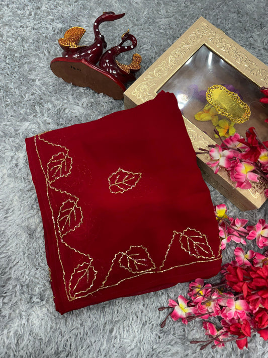 Beautiful Leaf Design Red Color Georgette Saree