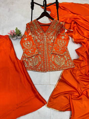 Occasion Wear Chinon Embroidery Work Orange Color Sharara Suit Occasion Wear Chinon Embroidery Work Orange Color Sharara Suit