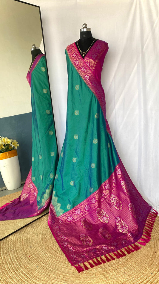 Flattering Tone Silk Zari Weaves Teal Blue Color Saree