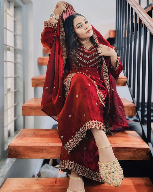 Function Wear Embroidery Work Red Color Palazzo Suit