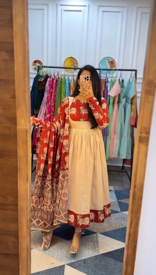 Ravishing Peach Rayon Cotton Kalamkari Print Gown