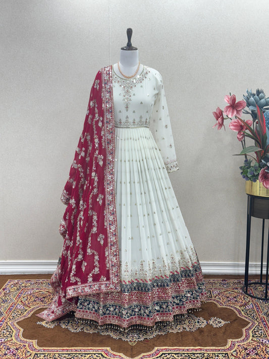 Wedding & Party Wear Embroidery Sequence Work White Color Gown