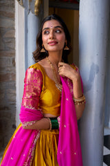 Wonderful Zari Weaving Work Yellow & Pink Color Lehenga Choli Wonderful Zari Weaving Work Yellow & Pink Color Lehenga Choli