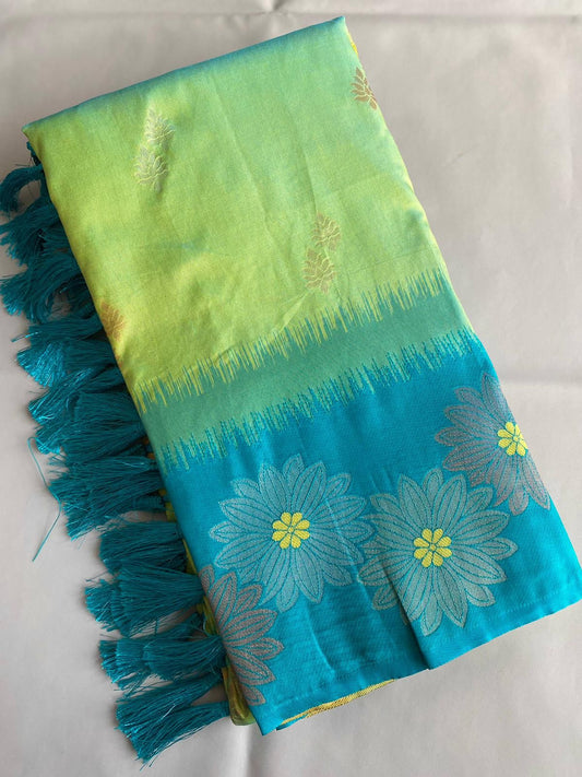 Beautiful Floral Zari Weaving Border Light Green Color Silk Saree