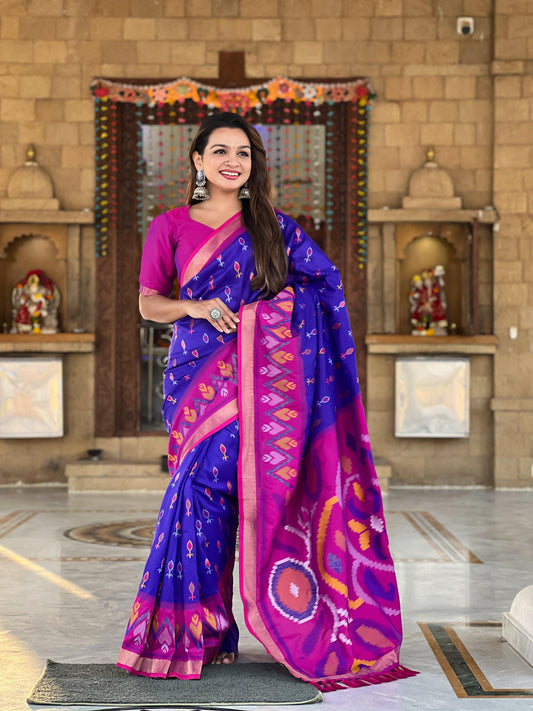 Navy Blue Color Patola Weaving Border Alluring Silk Saree